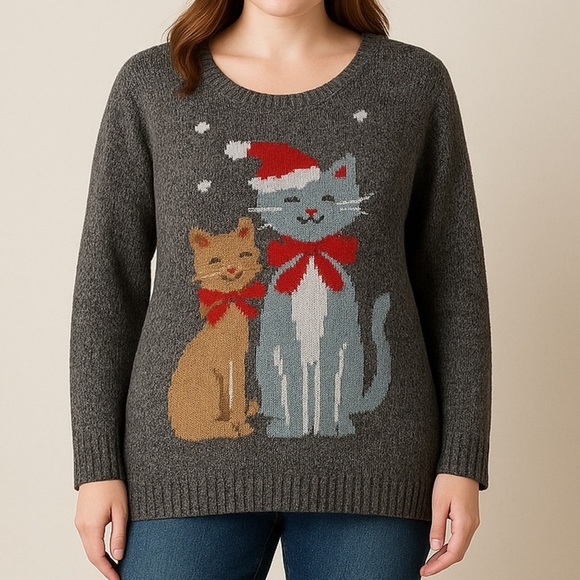 Woman Within Christmas Cats Sweater Plus 3X 30/32W Charcoal Gray Knit Cat Lady - Picture 1 of 11